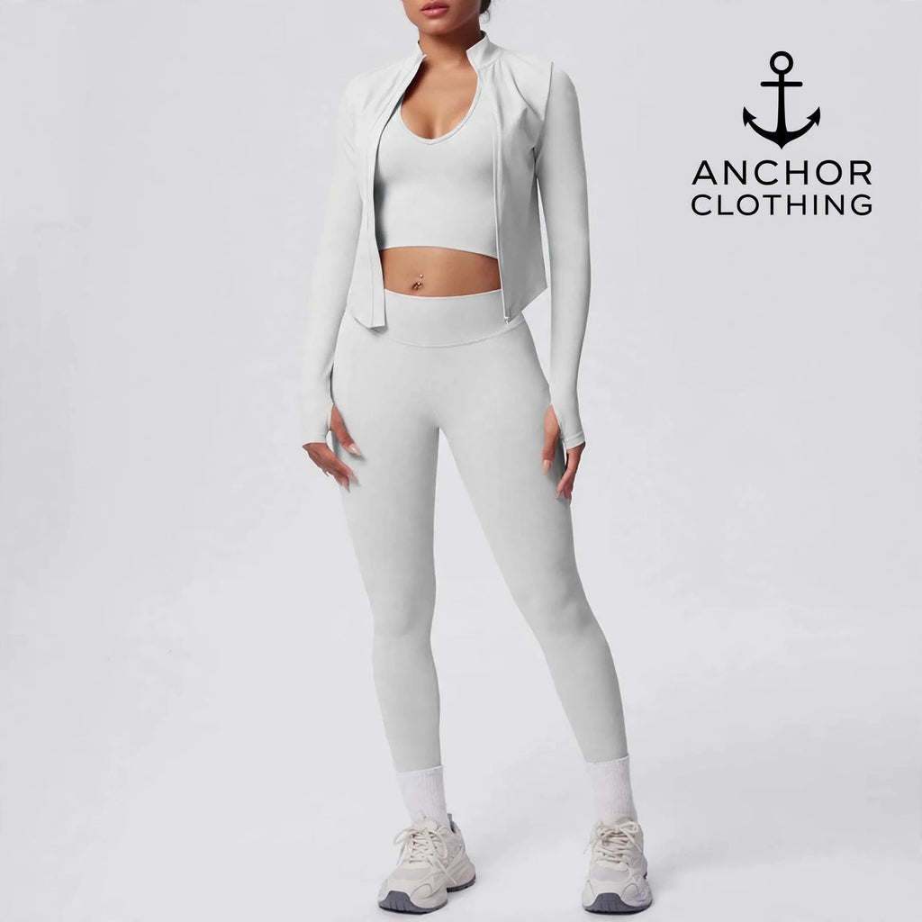 Women’s Seamless 3 Piece Yoga Set | Sports Bra Leggings & Zip Jacket | Matching Gym Outfit