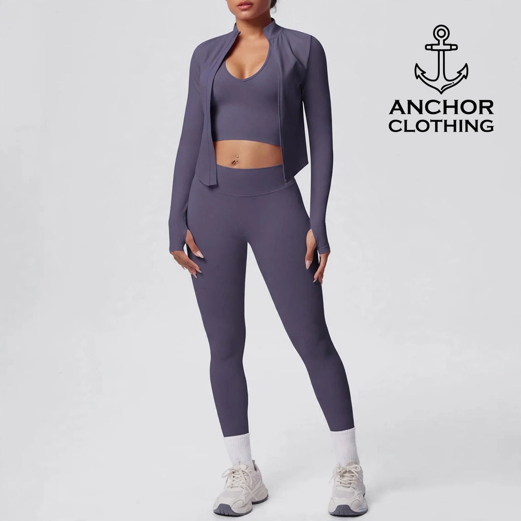 Women’s Seamless 3 Piece Yoga Set | Sports Bra Leggings & Zip Jacket | Matching Gym Outfit