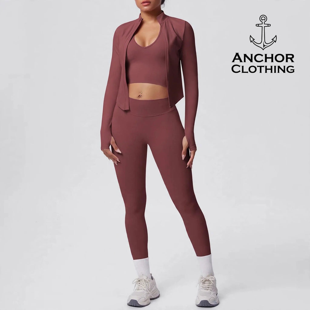 Women’s Seamless 3 Piece Yoga Set | Sports Bra Leggings & Zip Jacket | Matching Gym Outfit