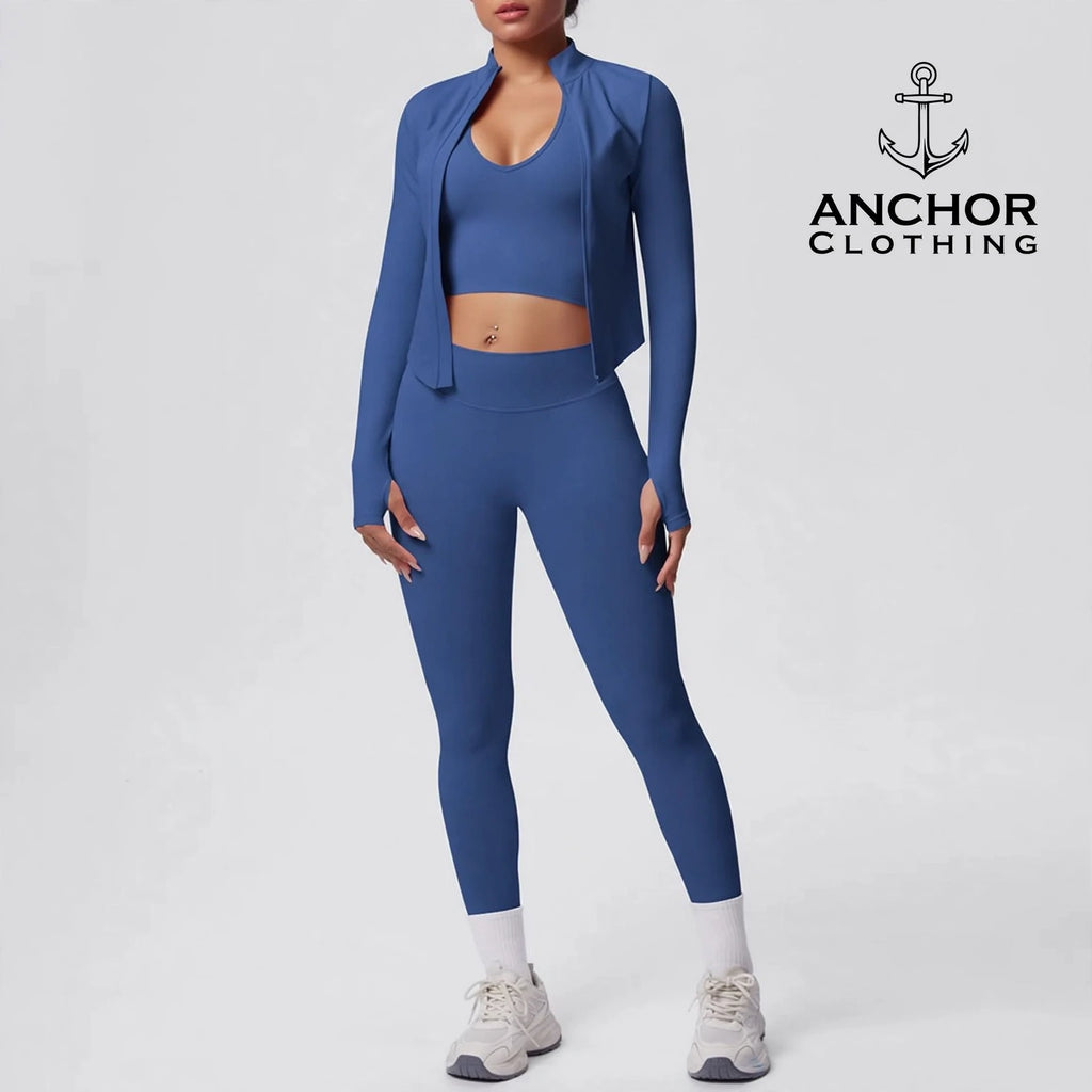 Women’s Seamless 3 Piece Yoga Set | Sports Bra Leggings & Zip Jacket | Matching Gym Outfit