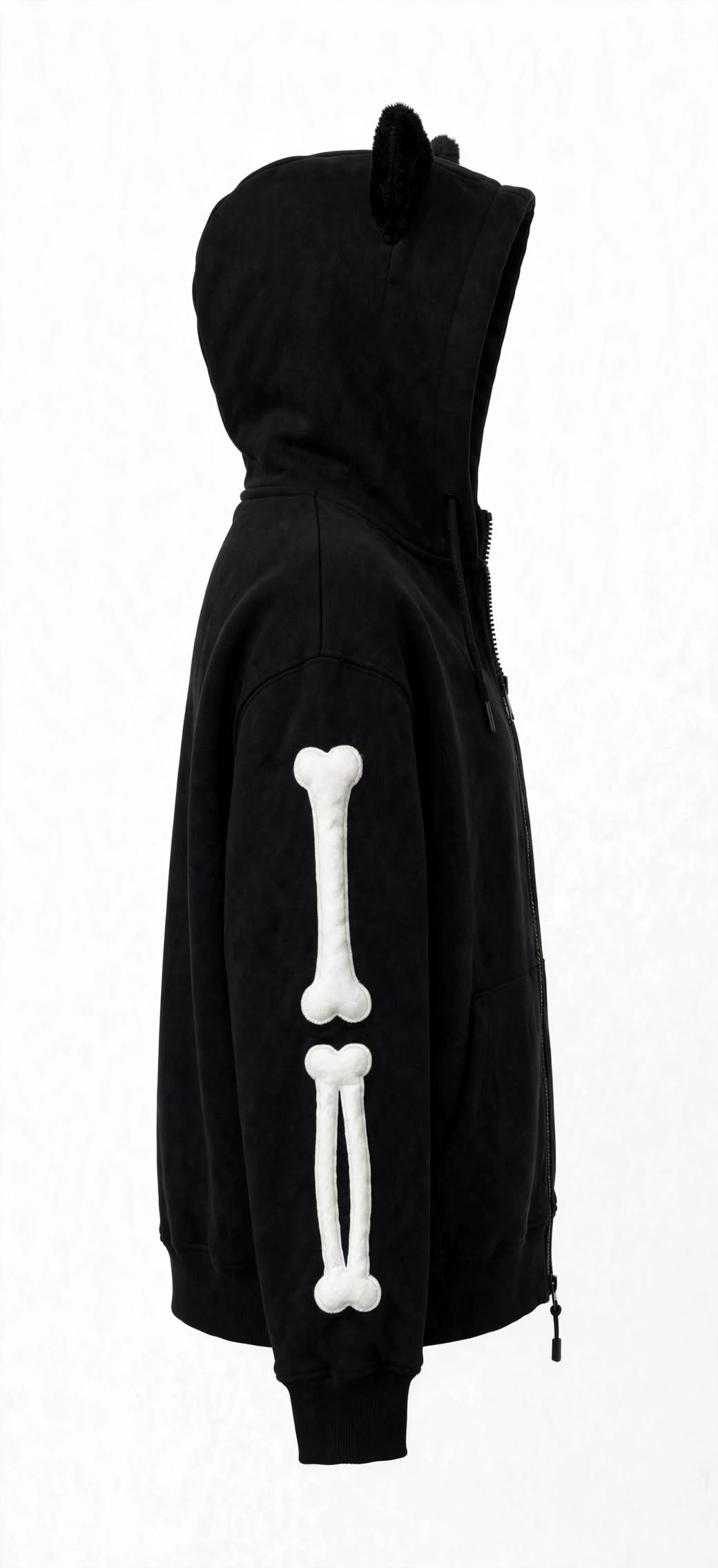 BONEZ Black Skeleton Cat Ear Zip-Up Hoodie - Y2K Goth Streetwear Oversized Hoodie with Bone Sleeves | Unisex