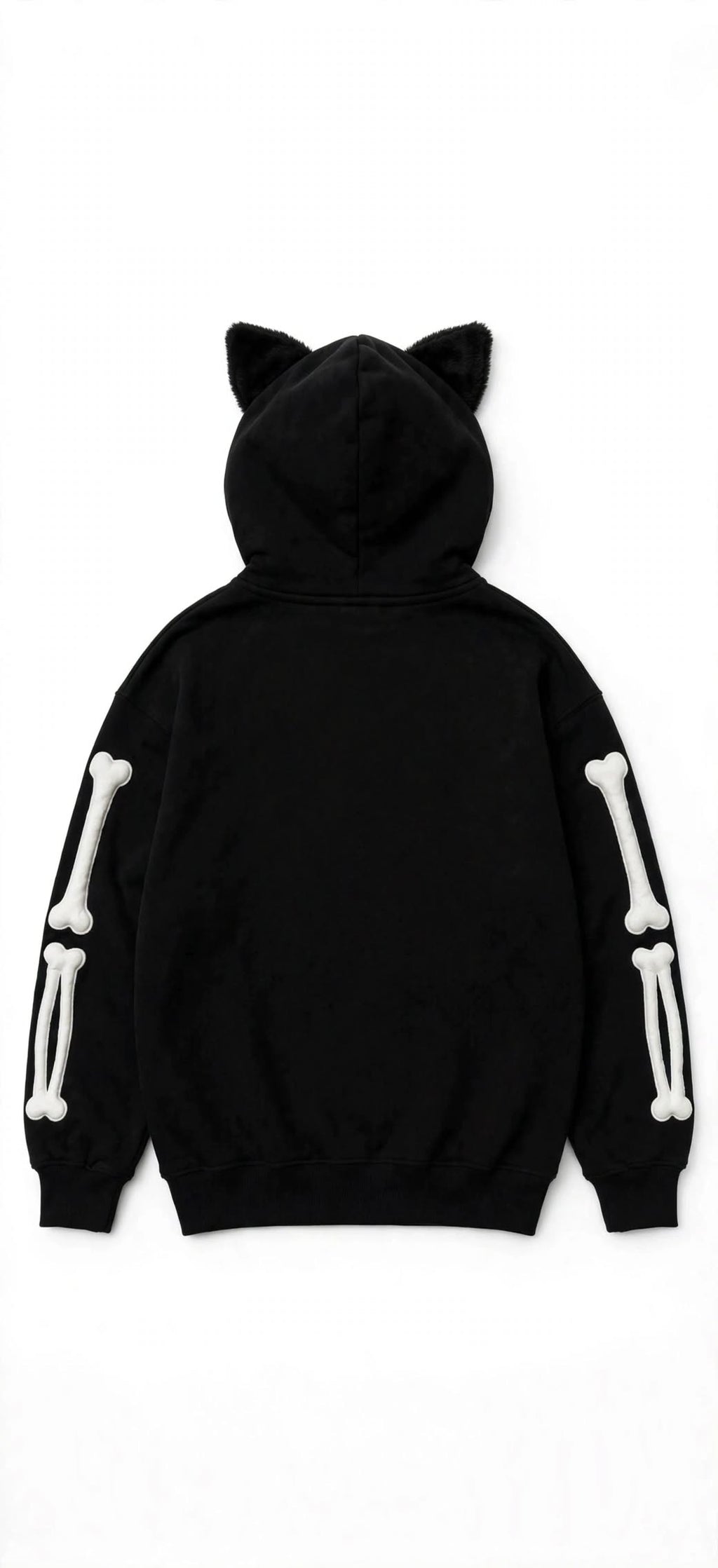 BONEZ Black Skeleton Cat Ear Zip-Up Hoodie - Y2K Goth Streetwear Oversized Hoodie with Bone Sleeves | Unisex