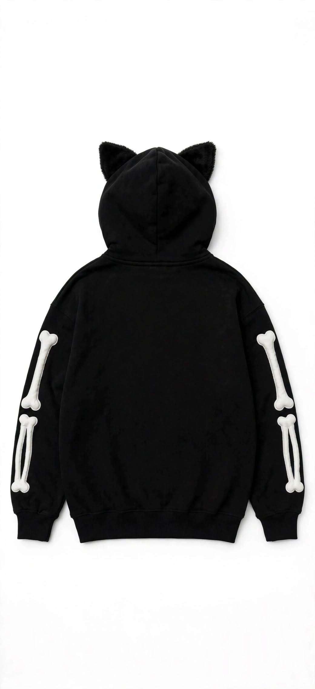 BONEZ Black Skeleton Cat Ear Zip-Up Hoodie - Y2K Goth Streetwear Oversized Hoodie with Bone Sleeves | Unisex