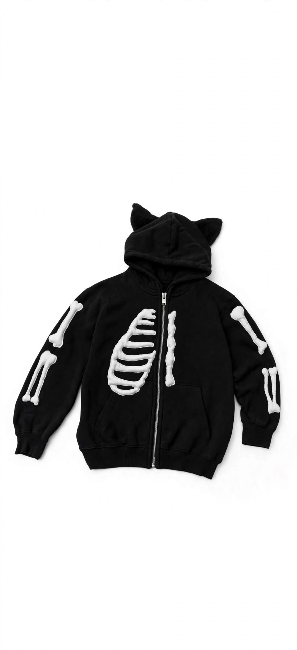 BONEZ Black Skeleton Cat Ear Zip-Up Hoodie - Y2K Goth Streetwear Oversized Hoodie with Bone Sleeves | Unisex