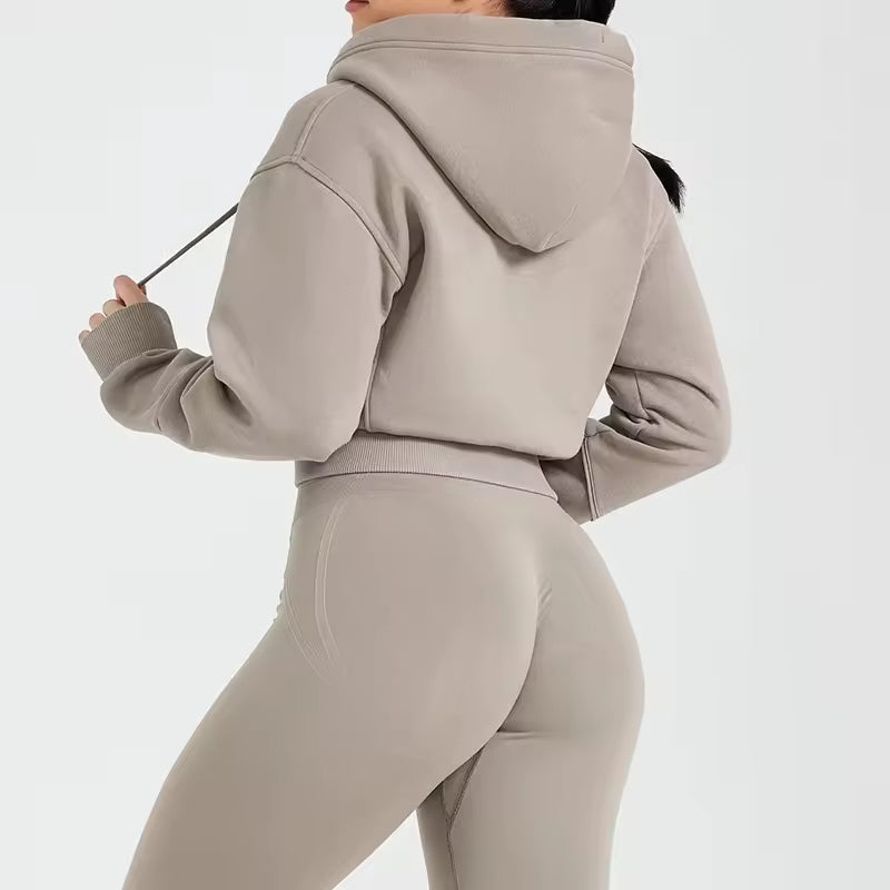 Women's 3-Piece Activewear Set - Cropped Zip-Up Hoodie + Sports Bra + High-Waisted Leggings - Gym Workout Yoga Set