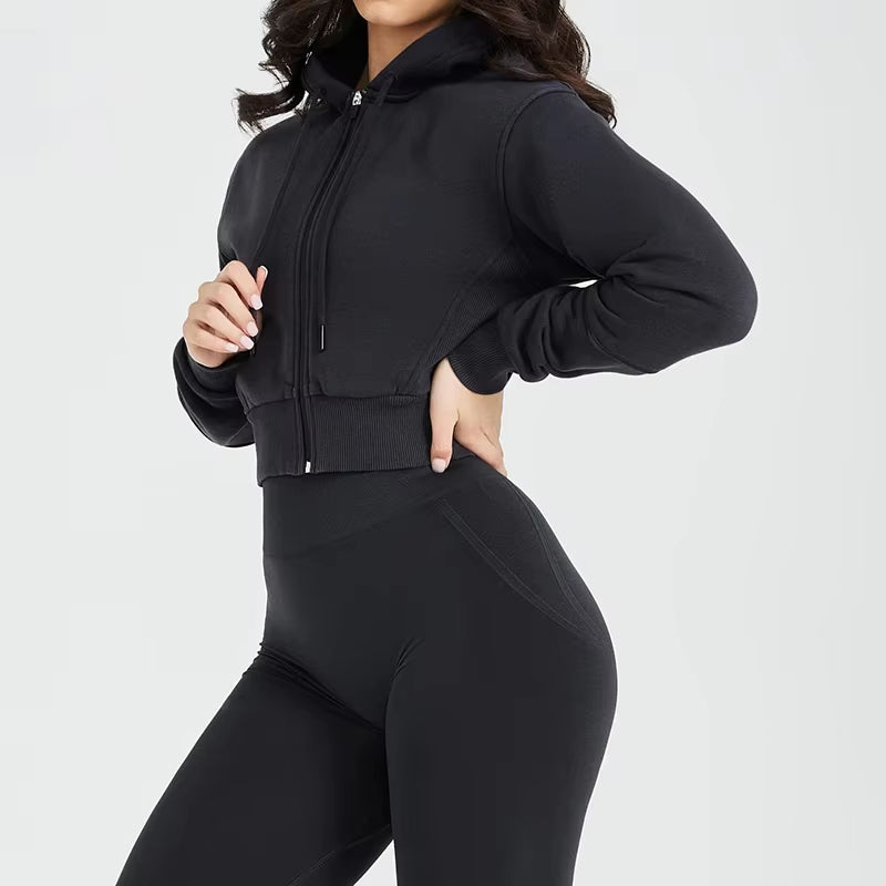 Women's 3-Piece Activewear Set - Cropped Zip-Up Hoodie + Sports Bra + High-Waisted Leggings - Gym Workout Yoga Set
