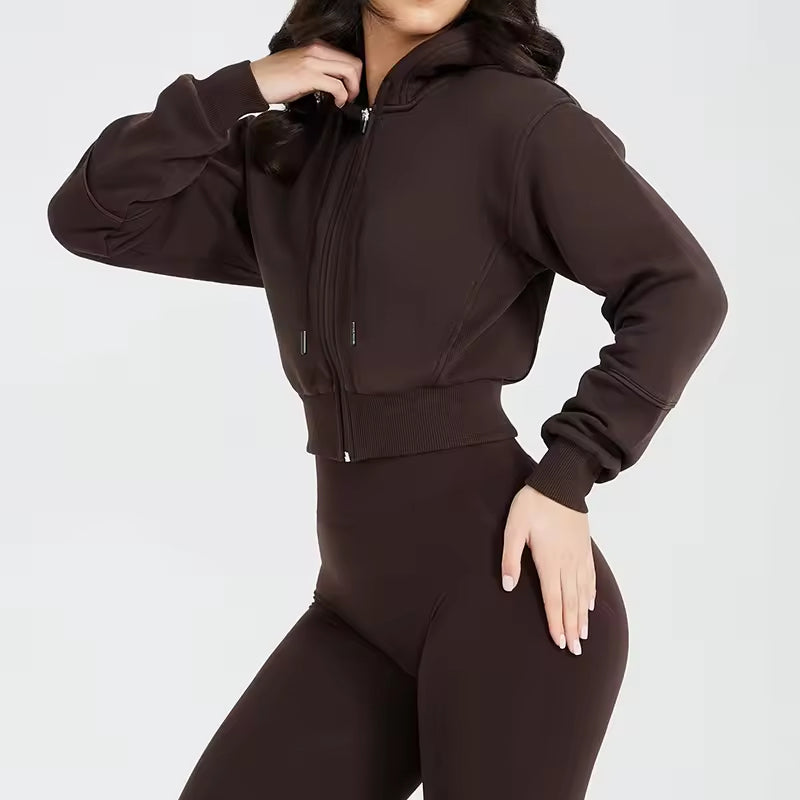 Women's 3-Piece Activewear Set - Cropped Zip-Up Hoodie + Sports Bra + High-Waisted Leggings - Gym Workout Yoga Set