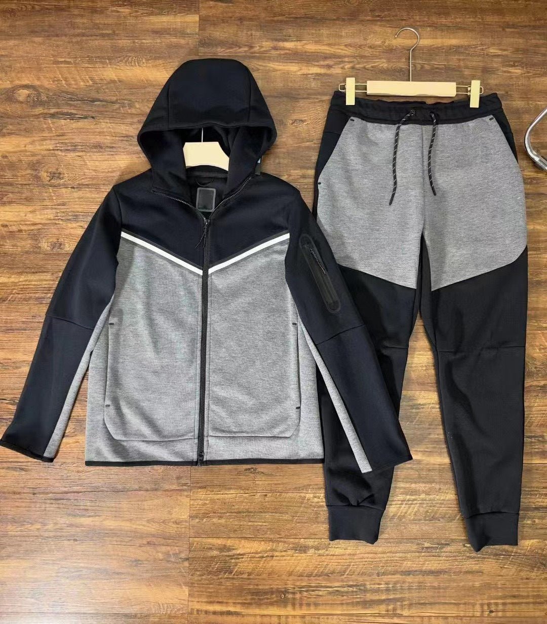 Anchor Active Tech Fleece Tracksuit - 2 Piece Hooded Sweatsuit - Black & Grey