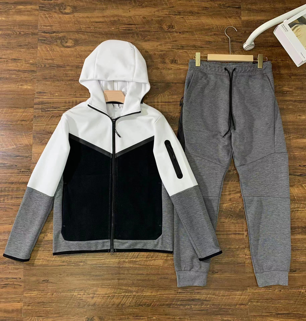 Anchor Active Tech Fleece Tracksuit - 2 Piece Hooded Sweatsuit - Black & Grey