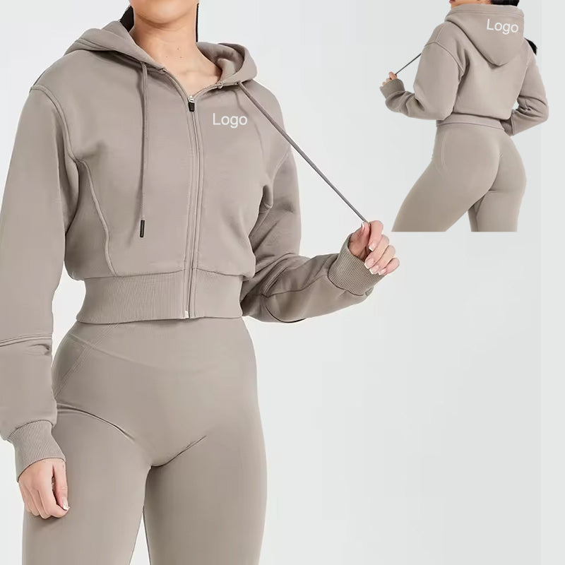 Women's 3-Piece Activewear Set - Cropped Zip-Up Hoodie + Sports Bra + High-Waisted Leggings - Gym Workout Yoga Set