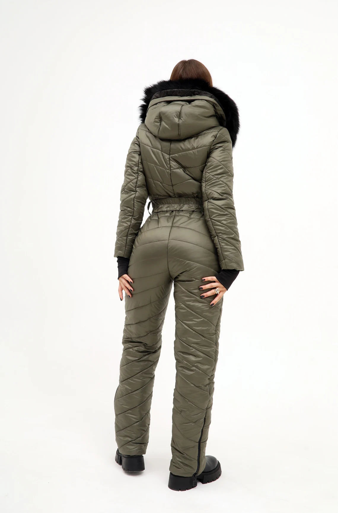 Luxe Ski Jumpsuit - Waterproof One-Piece Snowsuit with Faux Fur Hood - Olive Green