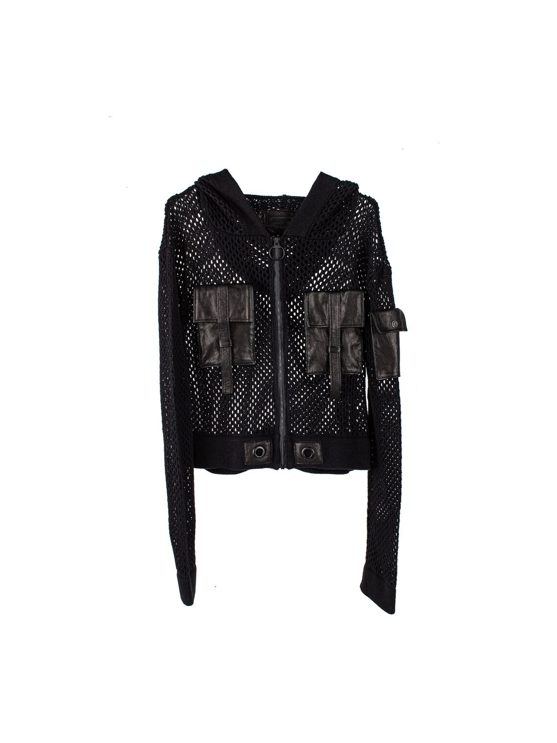 Rave Ready Fishnet Hoodie with Leather Tactical Tech pockets: clothing knitted mesh shirt jacket see through zip up hoodie sweatshirt