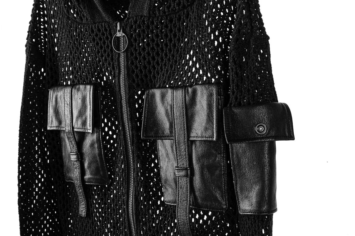 Rave Ready Fishnet Hoodie with Leather Tactical Tech pockets: clothing knitted mesh shirt jacket see through zip up hoodie sweatshirt