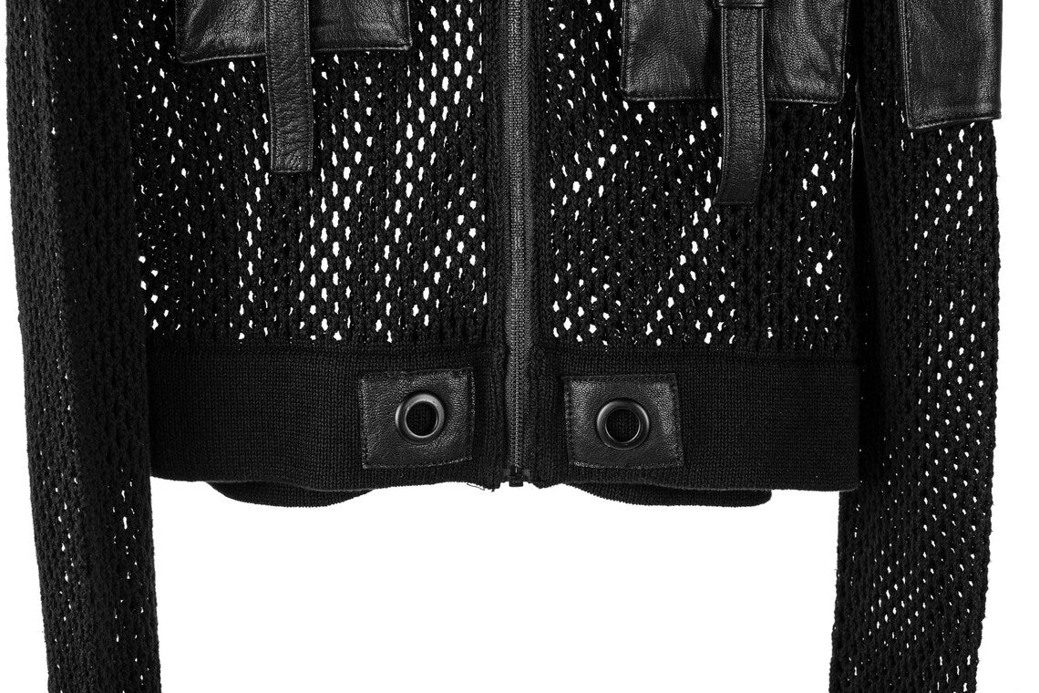 Rave Ready Fishnet Hoodie with Leather Tactical Tech pockets: clothing knitted mesh shirt jacket see through zip up hoodie sweatshirt