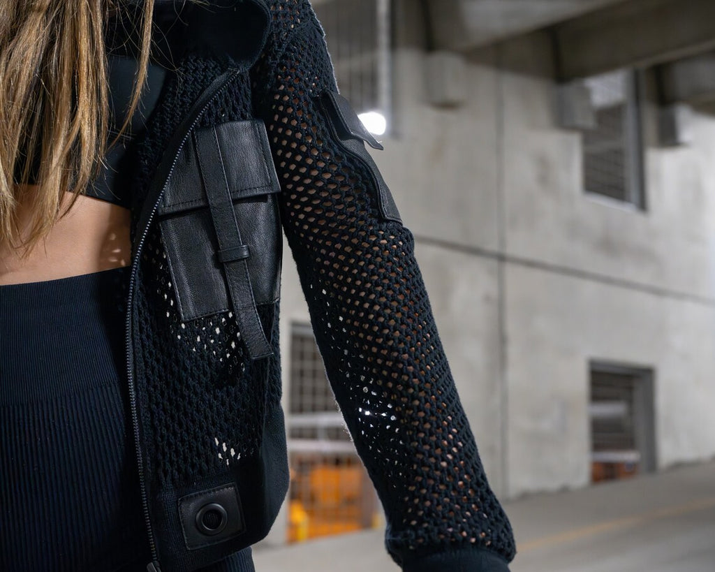 Rave Ready Fishnet Hoodie with Leather Tactical Tech pockets: clothing knitted mesh shirt jacket see through zip up hoodie sweatshirt