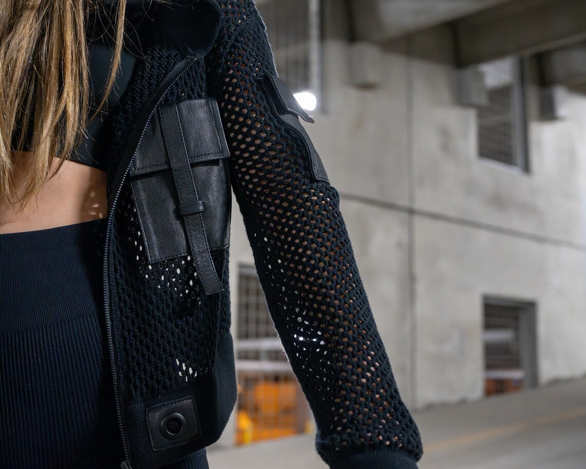 Rave Ready Fishnet Hoodie with Leather Tactical Tech pockets: clothing knitted mesh shirt jacket see through zip up hoodie sweatshirt