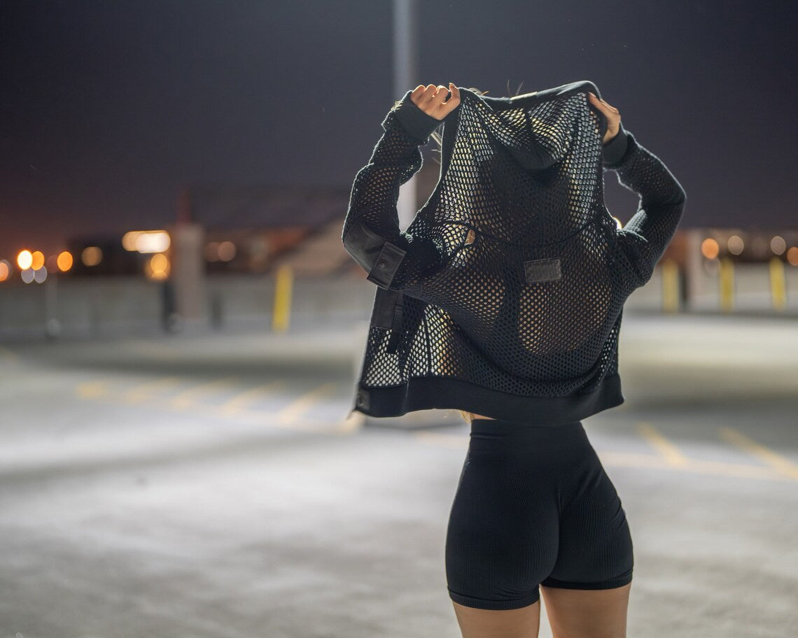 Rave Ready Fishnet Hoodie with Leather Tactical Tech pockets: clothing knitted mesh shirt jacket see through zip up hoodie sweatshirt