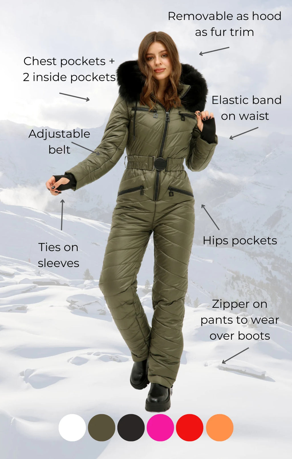 Luxe Ski Jumpsuit - Waterproof One-Piece Snowsuit with Faux Fur Hood - Olive Green