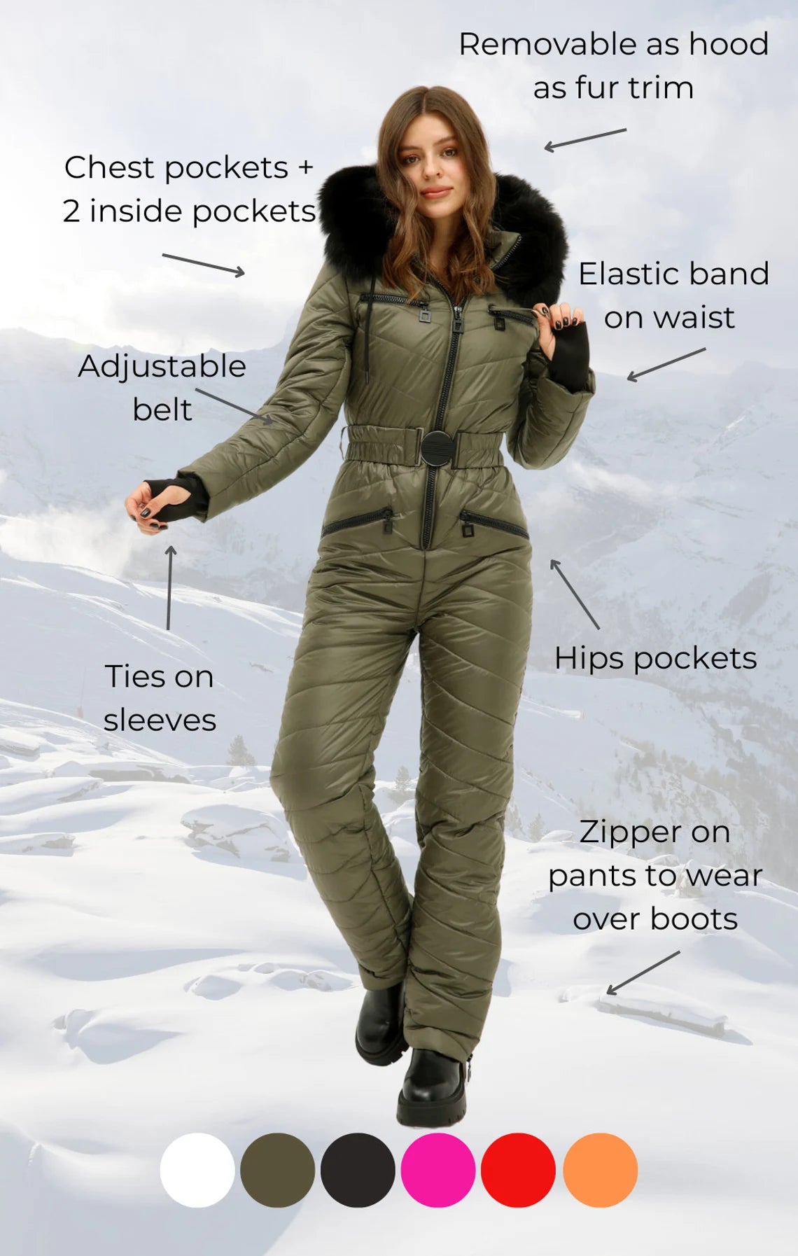 Luxe Ski Jumpsuit - Waterproof One-Piece Snowsuit with Faux Fur Hood - Olive Green