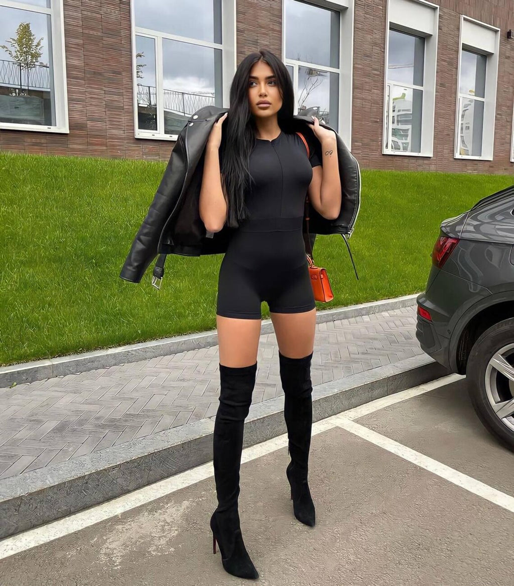 V-Neck Short Romper: Slim Fit, Stretchy Workout Bodysuit