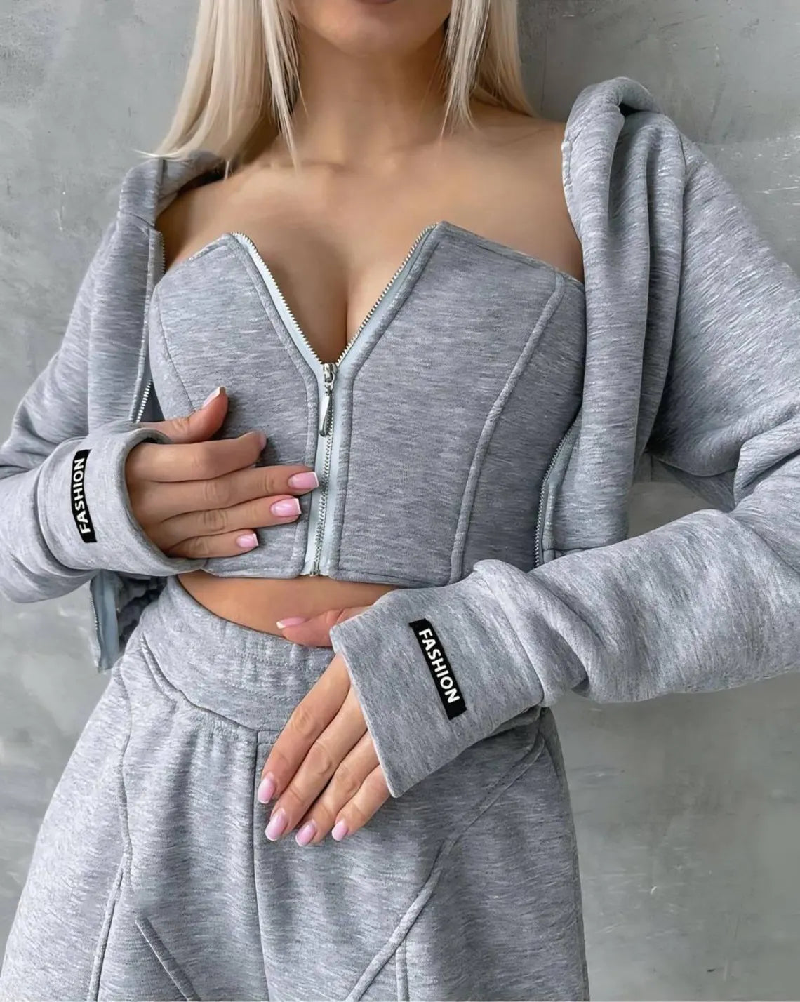 Fleece Tracksuit Set: Hoodie, Corset Crop Top & Joggers - Warm Loungewear
