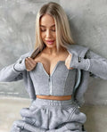 Fleece Tracksuit Set: Hoodie, Corset Crop Top & Joggers - Warm Loungewear