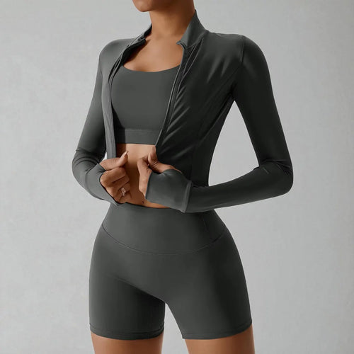 3PCS Women’s Yoga Set, Long or Short Leggings | Long Sleeve Zip Top | Gym Workout Outfits | Fitness Sportswear | Athletic Yoga Clothing
