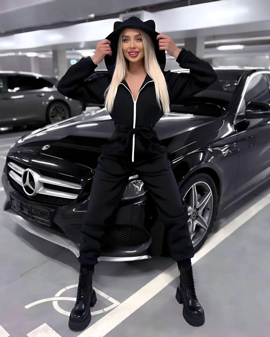 White Fleece Jumpsuit: Slim Fit Long Sleeve Catsuit