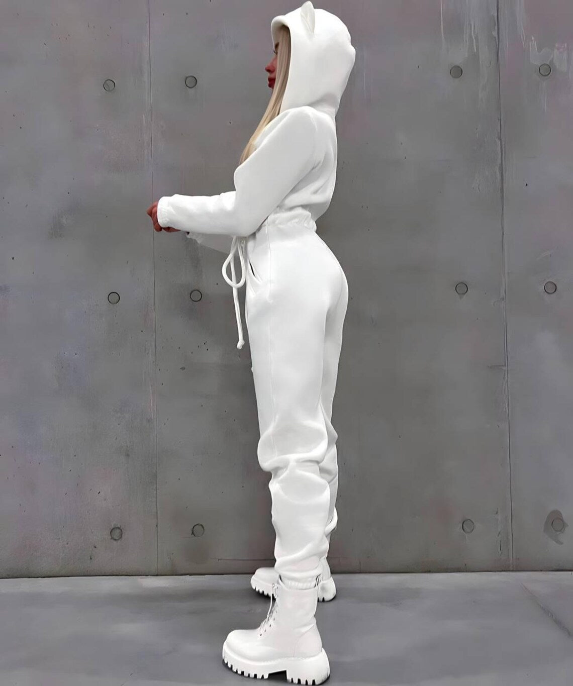 White Fleece Jumpsuit: Slim Fit Long Sleeve Catsuit