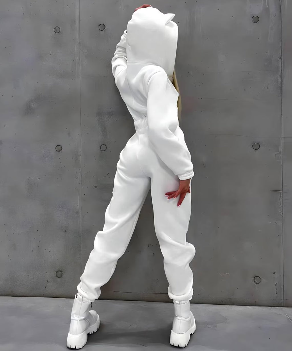 White Fleece Jumpsuit: Slim Fit Long Sleeve Catsuit