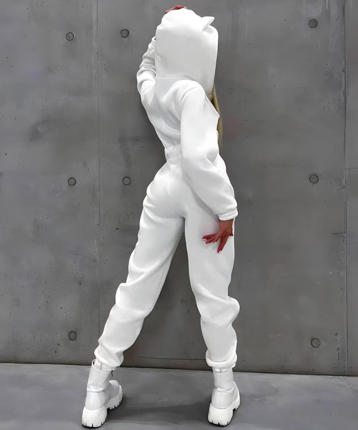 White Fleece Jumpsuit: Slim Fit Long Sleeve Catsuit