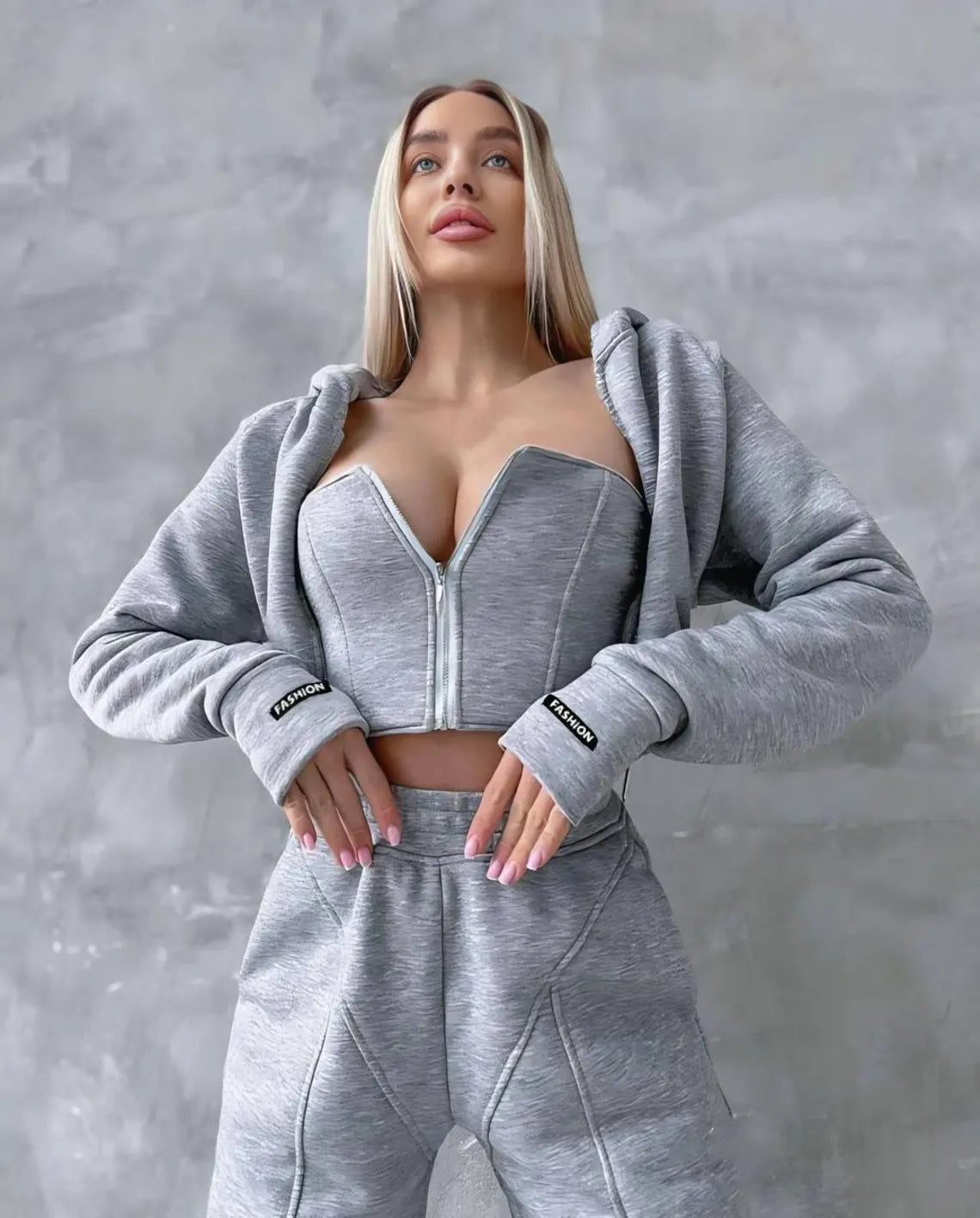 Fleece Tracksuit Set: Hoodie, Corset Crop Top & Joggers - Warm Loungewear