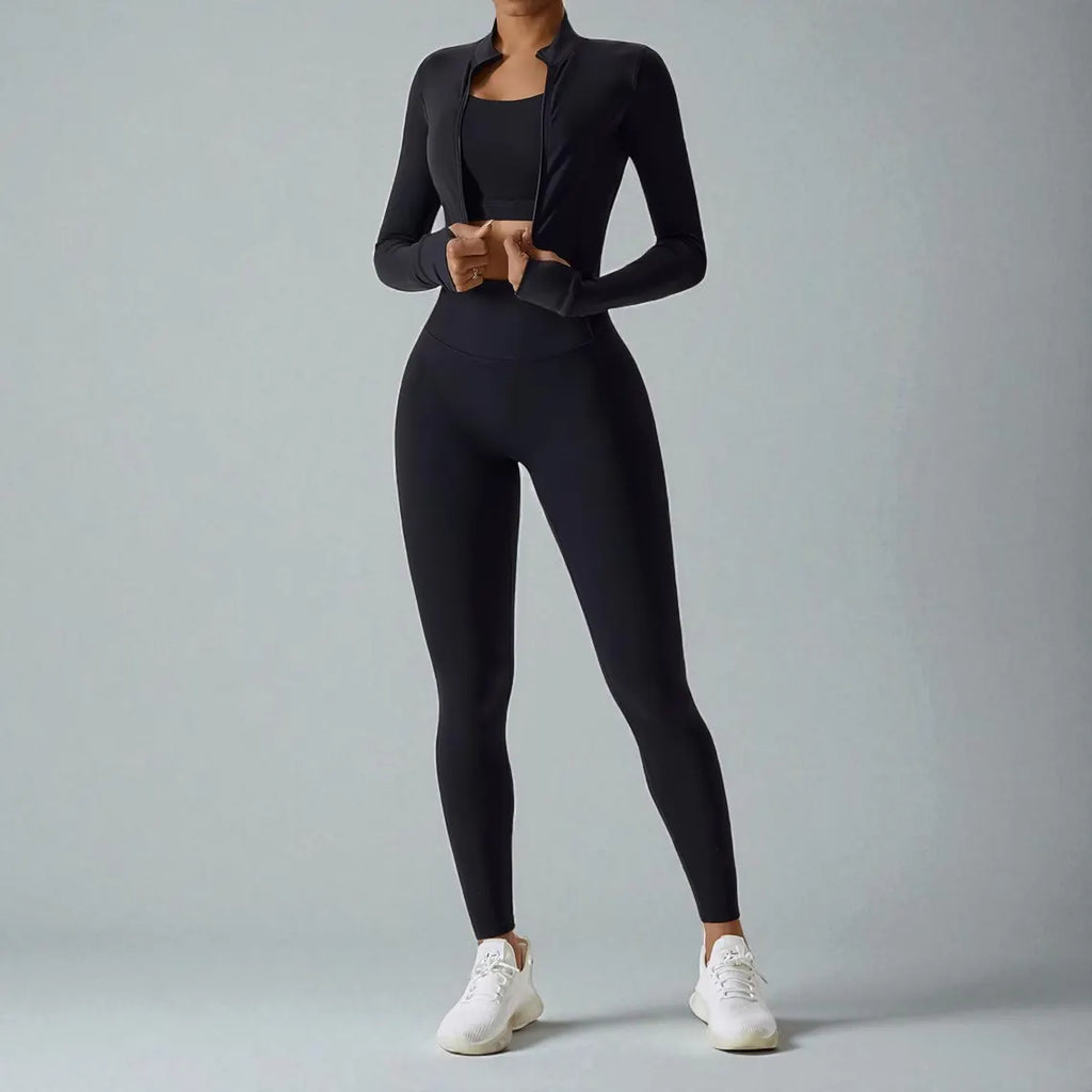 3PCS Women’s Yoga Set, Long or Short Leggings | Long Sleeve Zip Top | Gym Workout Outfits | Fitness Sportswear | Athletic Yoga Clothing