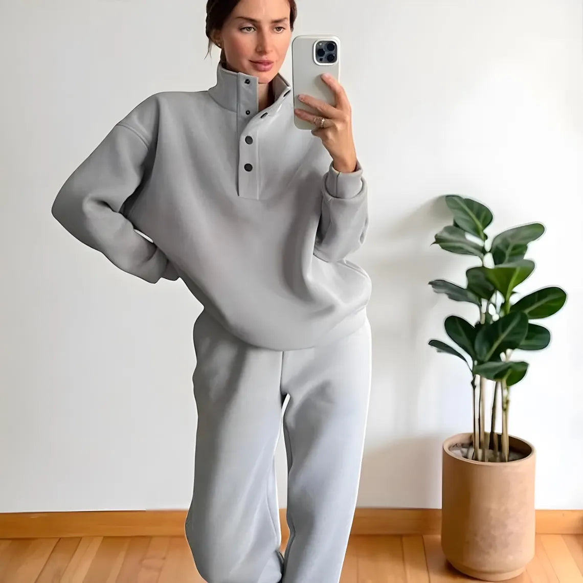 Luxe Mock Neck Tracksuit Set - Button Snap Pullover & Wide-Leg Joggers - Light Grey