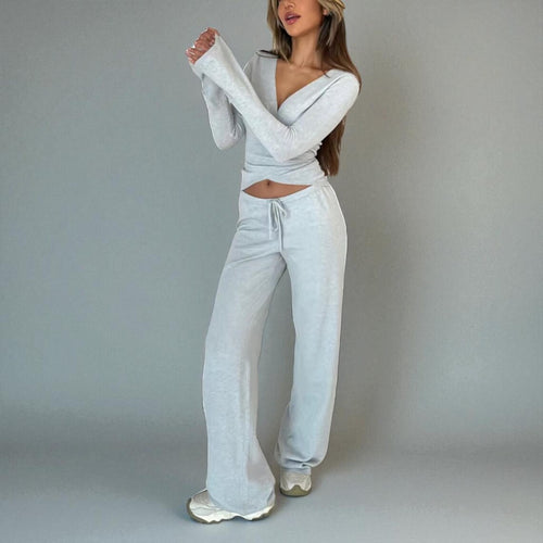 2 Piece Lounge Set for Women – V Neck Long Sleeve Top & Elastic Waist Pants | Casual Fall Outfit | Crop Top Tracksuit Loungewear