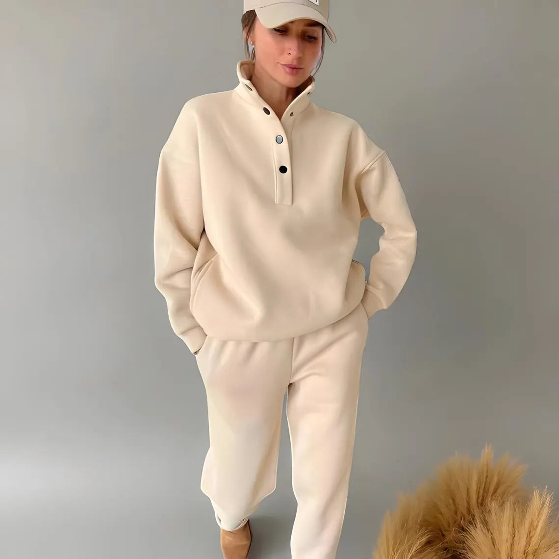 Luxe Mock Neck Tracksuit Set - Button Snap Pullover & Wide-Leg Joggers - Light Grey