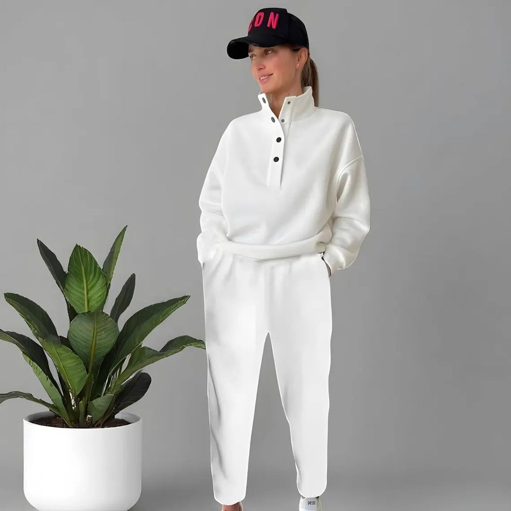 Luxe Mock Neck Tracksuit Set - Button Snap Pullover & Wide-Leg Joggers - Light Grey