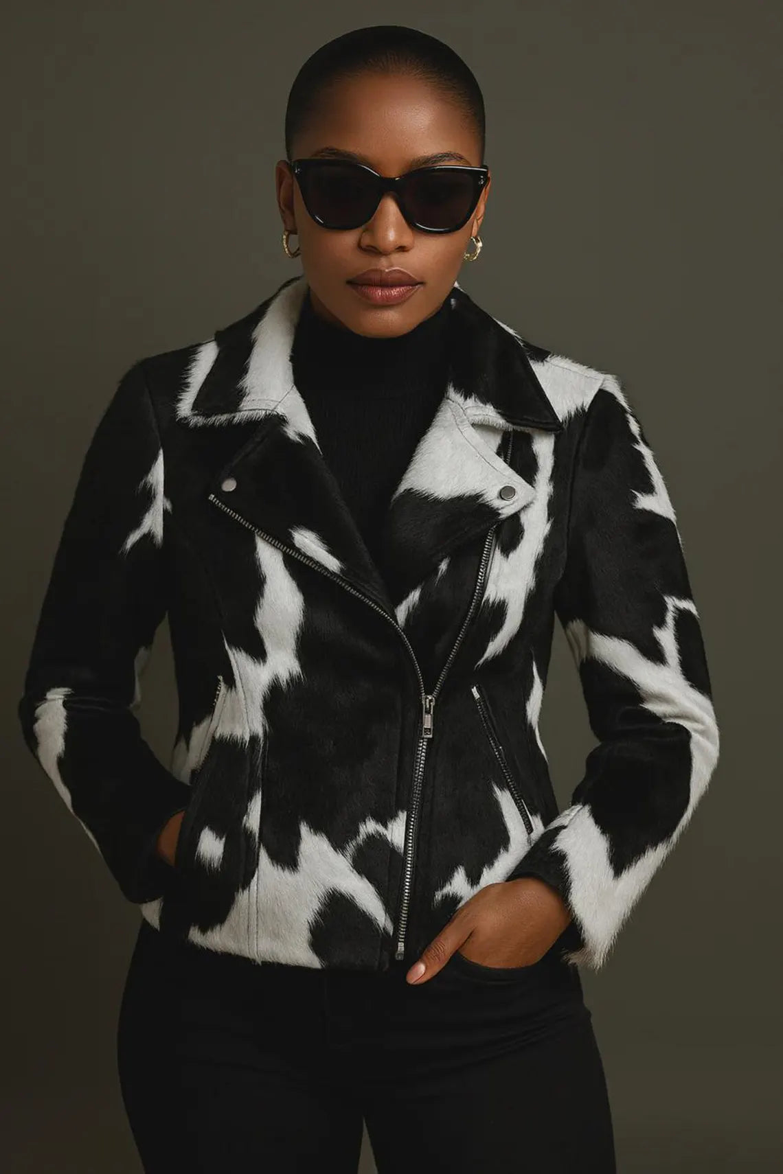 Handcrafted Hair-On Cowhide Leather Biker Jacket: Women's Slim Fit