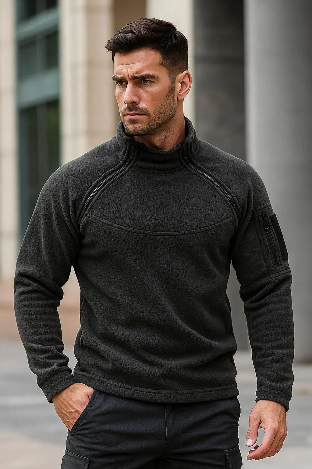 Men's Military Fleece Pullover: Warm Winter Hoodie with Zip Pocket
