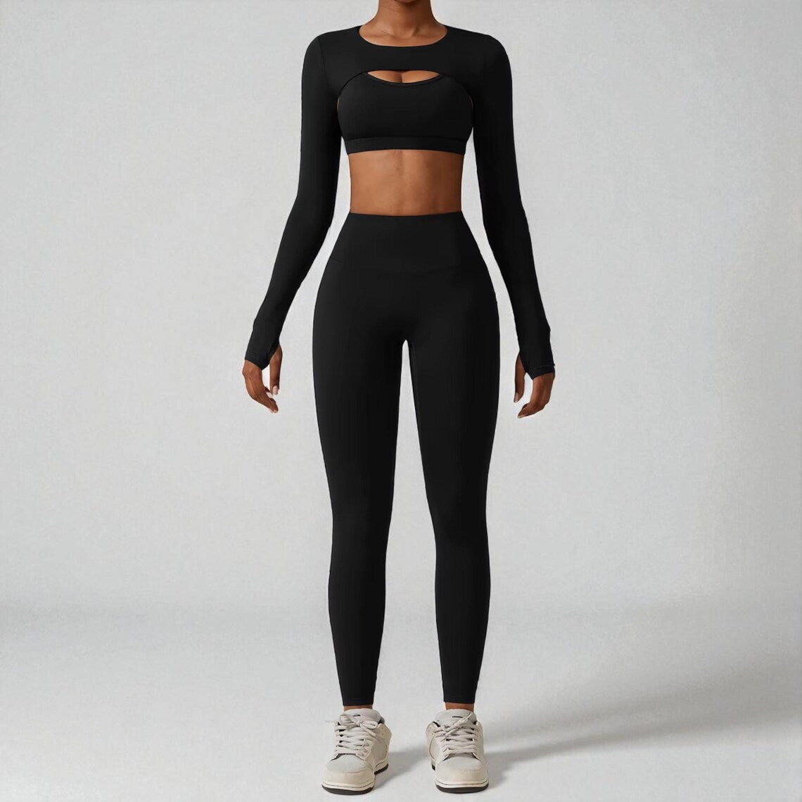 Women’s Seamless Yoga Set – Workout Clothes Gym Leggings Sports Bra Crop Top Long Sleeve Fitness Outfit Athletic Wear Activewear