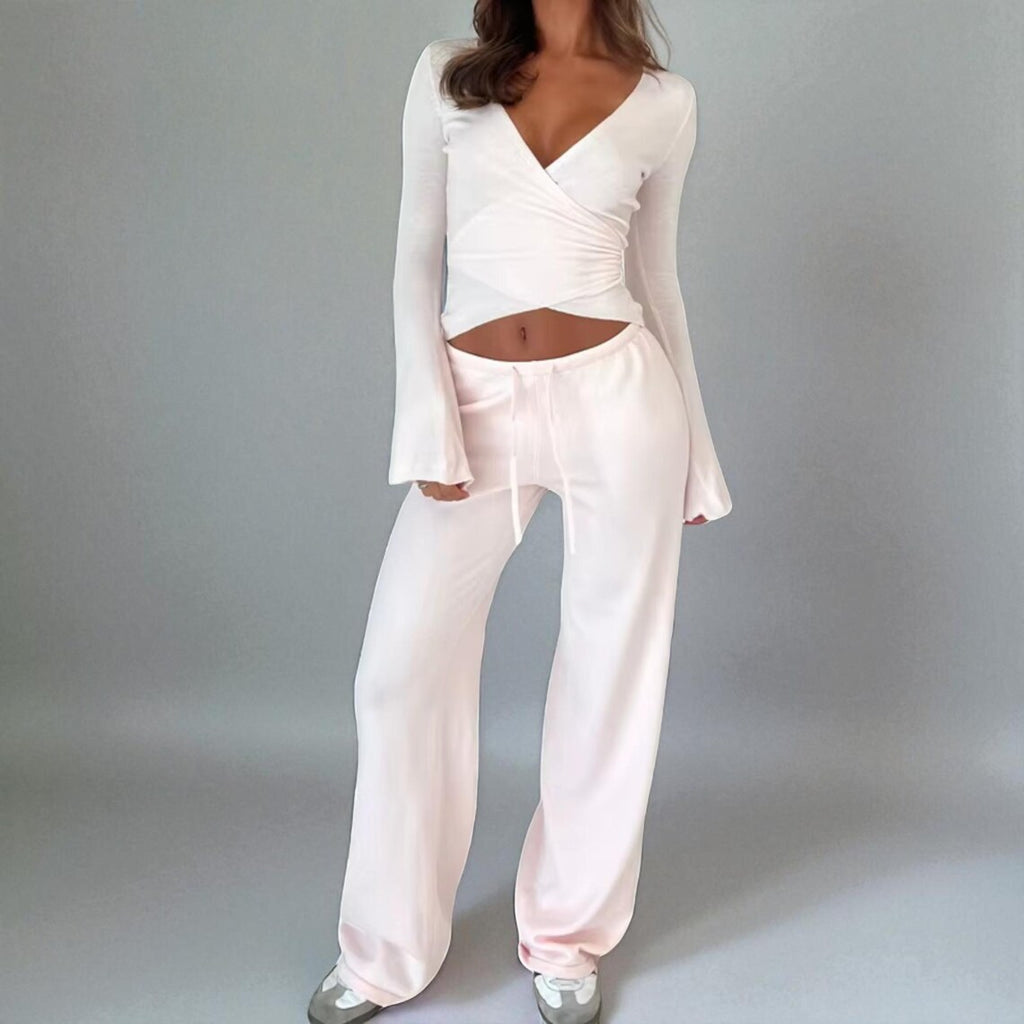 2 Piece Lounge Set for Women – V Neck Long Sleeve Top & Elastic Waist Pants | Casual Fall Outfit | Crop Top Tracksuit Loungewear