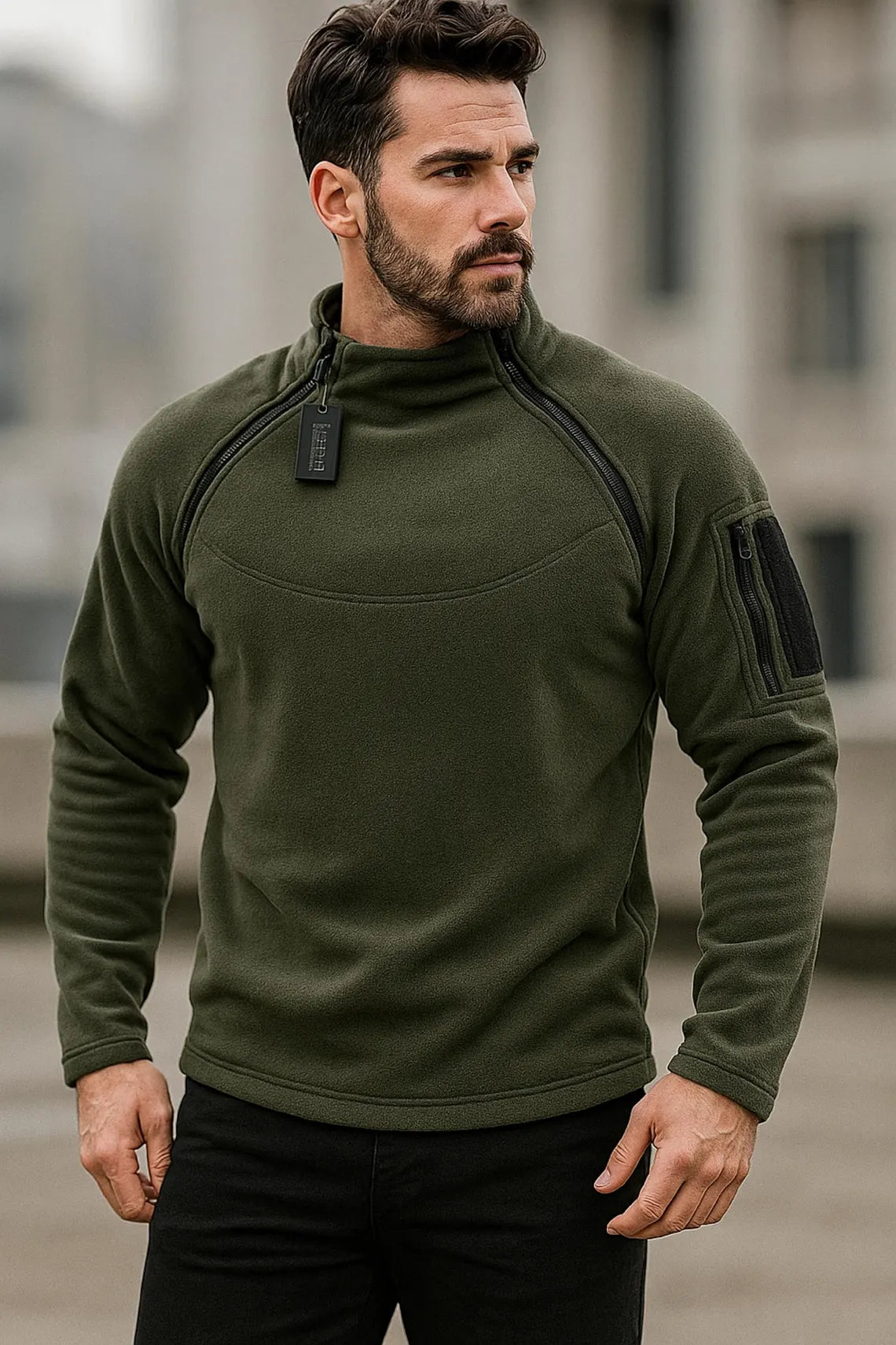 Men's Military Fleece Pullover: Warm Winter Hoodie with Zip Pocket