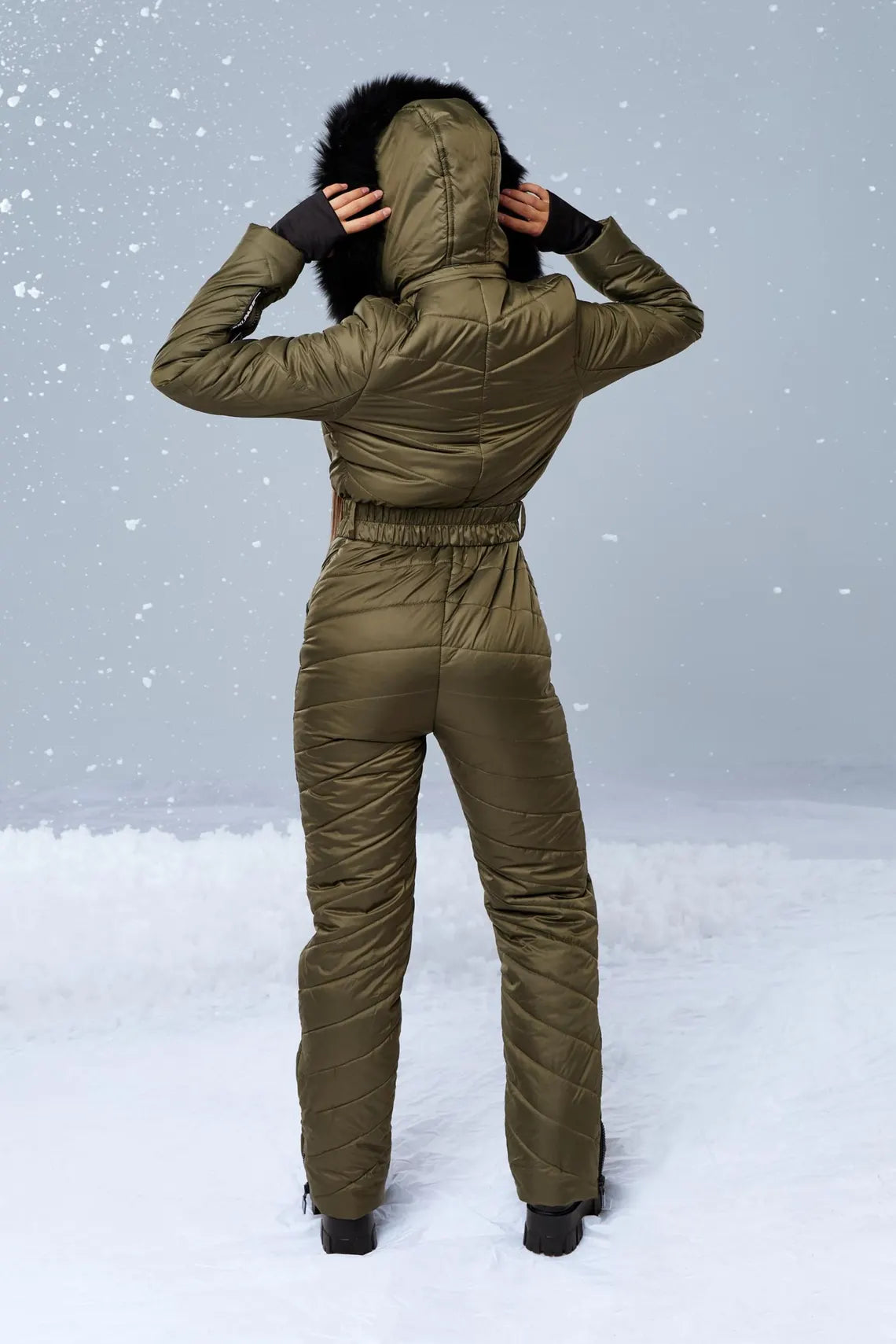 Luxe Ski Jumpsuit - Waterproof One-Piece Snowsuit with Faux Fur Hood - Olive Green