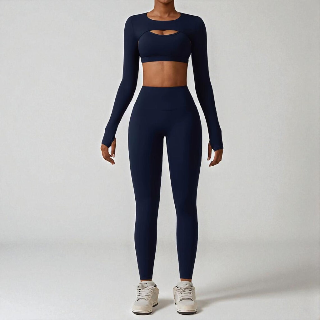 Women’s Seamless Yoga Set – Workout Clothes Gym Leggings Sports Bra Crop Top Long Sleeve Fitness Outfit Athletic Wear Activewear