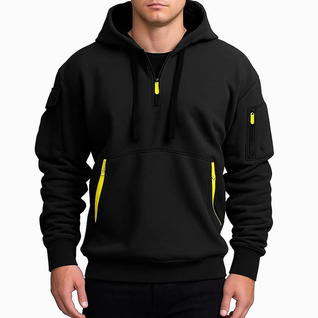 Men’s Utility Pocket Half Zip Hoodie | Casual Streetwear Pullover Sweatshirt | Warm Winter Top