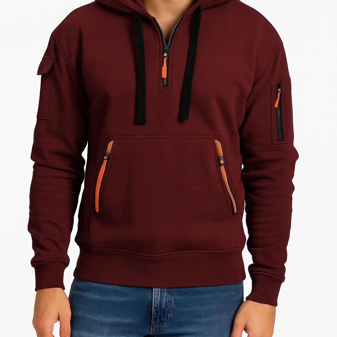 Men’s Utility Pocket Half Zip Hoodie | Casual Streetwear Pullover Sweatshirt | Warm Winter Top