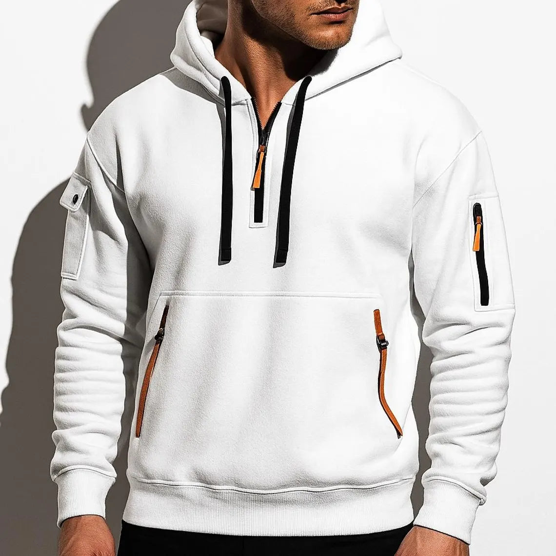 Men’s Utility Pocket Half Zip Hoodie | Casual Streetwear Pullover Sweatshirt | Warm Winter Top
