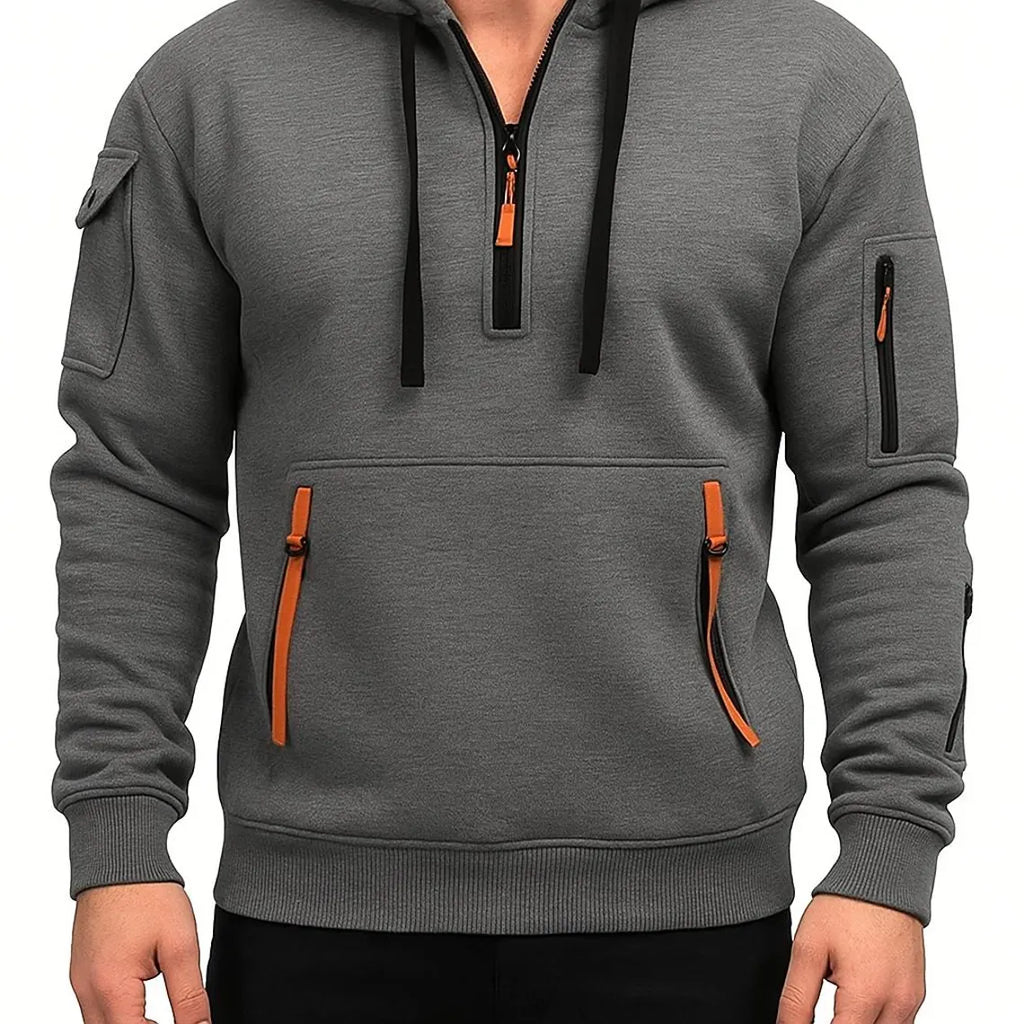 Men’s Utility Pocket Half Zip Hoodie | Casual Streetwear Pullover Sweatshirt | Warm Winter Top