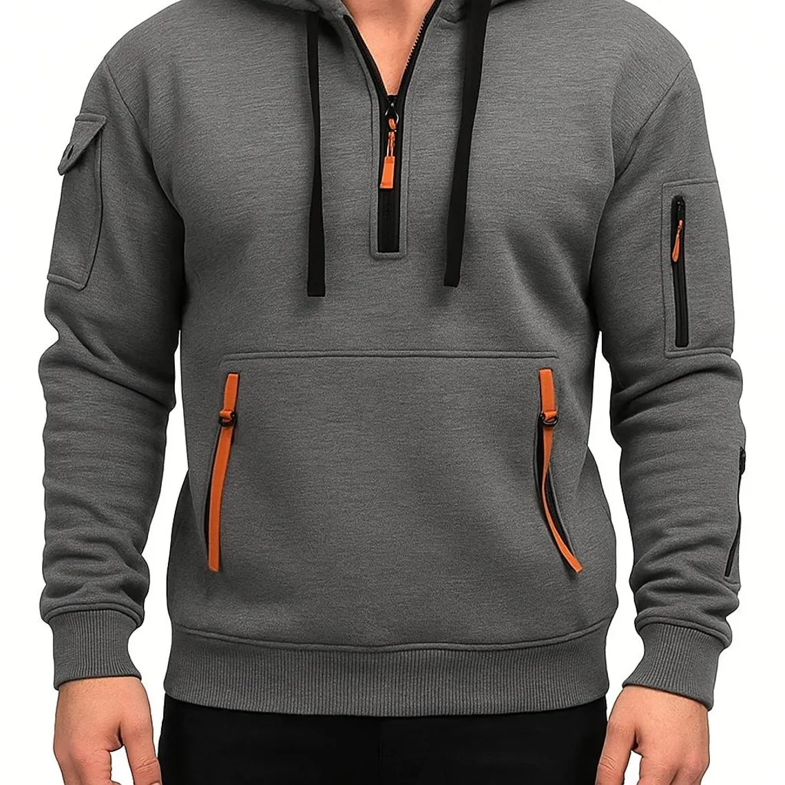 Men’s Utility Pocket Half Zip Hoodie | Casual Streetwear Pullover Sweatshirt | Warm Winter Top
