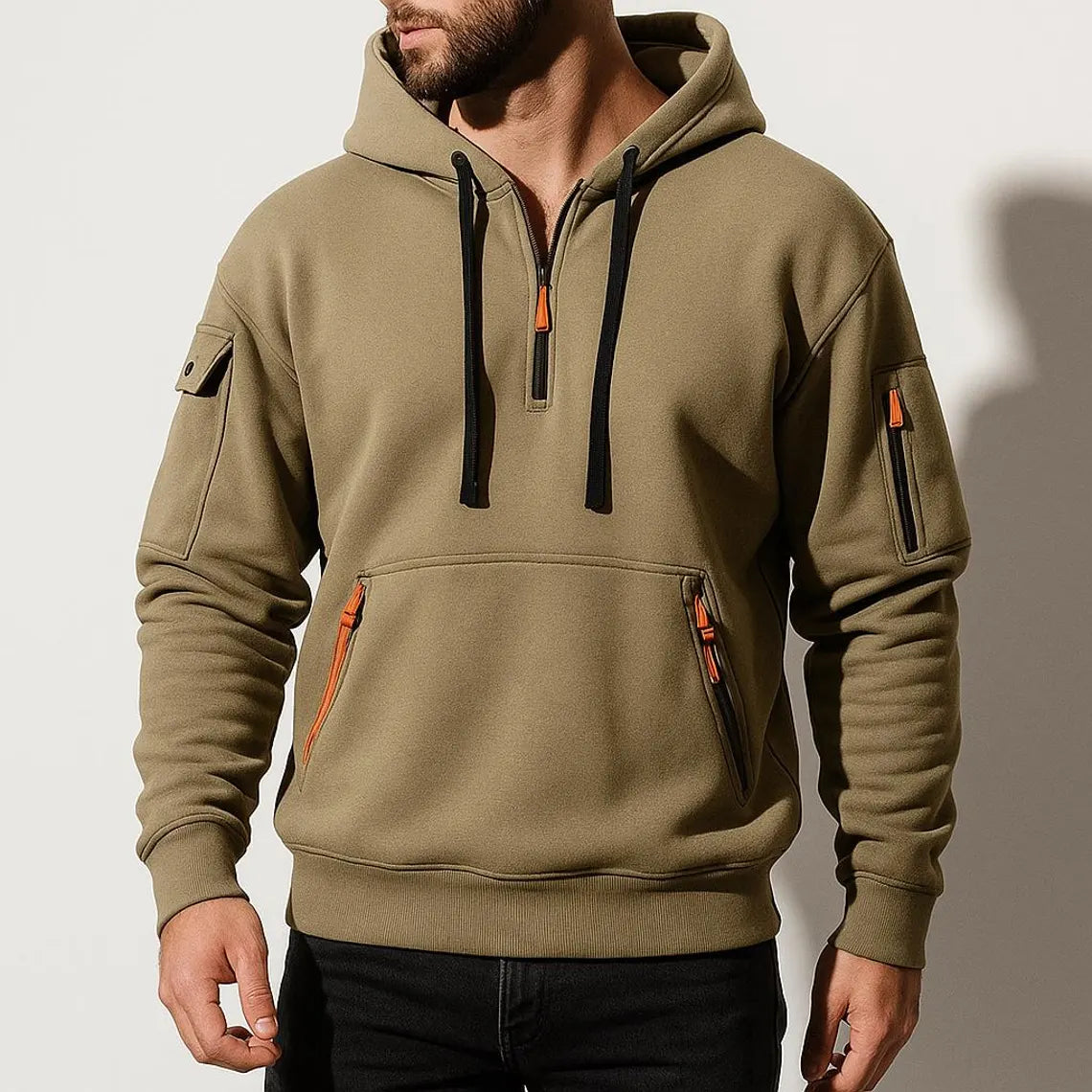 Men’s Utility Pocket Half Zip Hoodie | Casual Streetwear Pullover Sweatshirt | Warm Winter Top